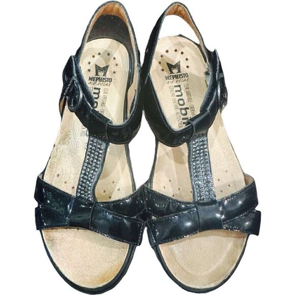 MEPHISTO Mobils Air-Relax Felizia Black Patent Leather Rhinestone Velcro Wedge S - Picture 8 of 11